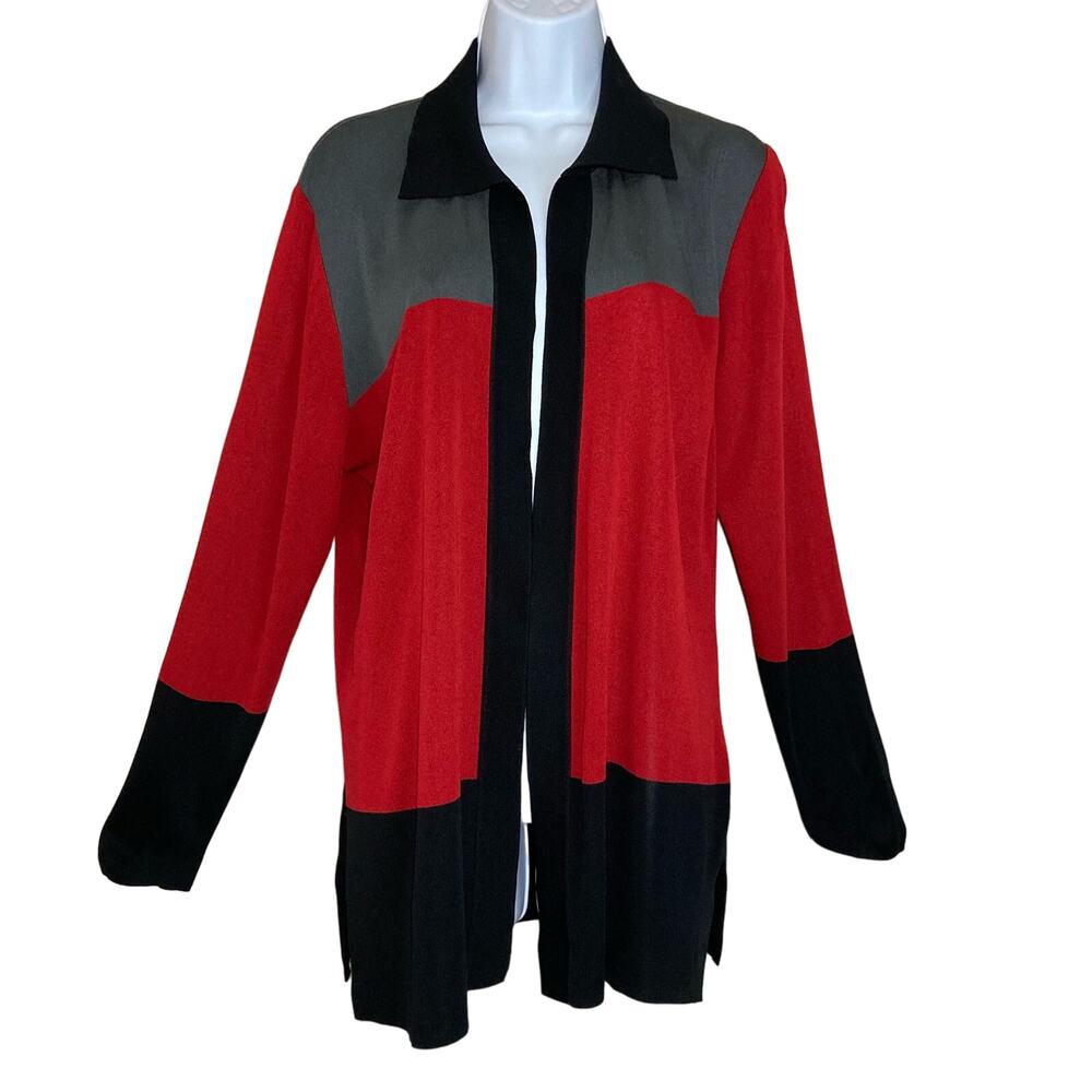 Exclusively Misook Medium Cardigan Jacket Red Gray Black Colorblock Open Front